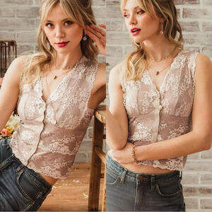 Gimmicks by BKE Floral Mesh Lace Tank Top Cream Valentine Cottagecore Size XS